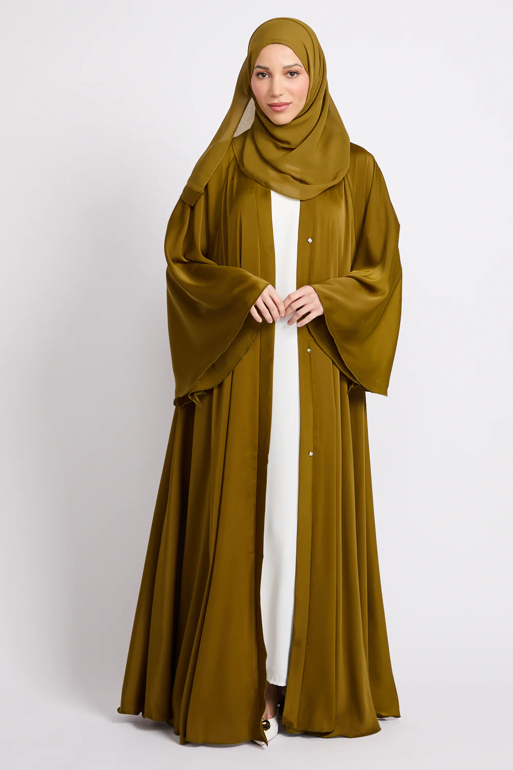Umbrella Cut Open Abaya with Flared Sleeves - Warm Olive Gold - Image 5