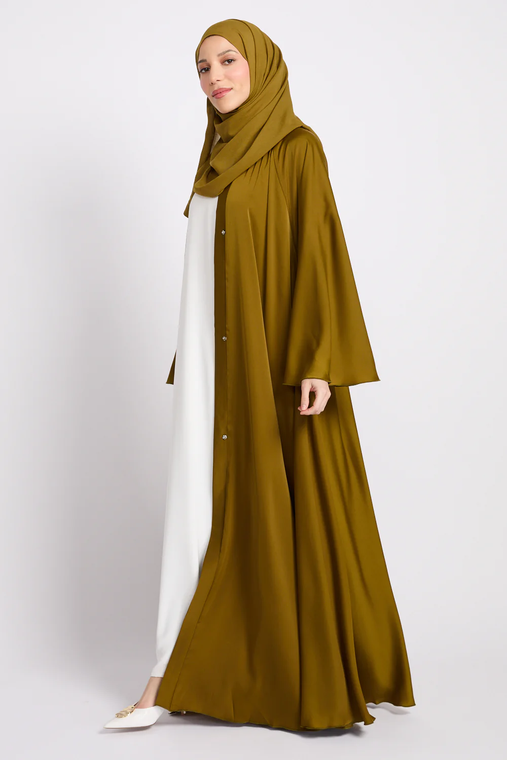 Umbrella Cut Open Abaya with Flared Sleeves - Warm Olive Gold - Image 6