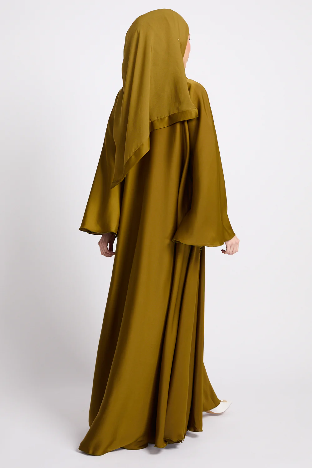 Umbrella Cut Open Abaya with Flared Sleeves - Warm Olive Gold - Image 7