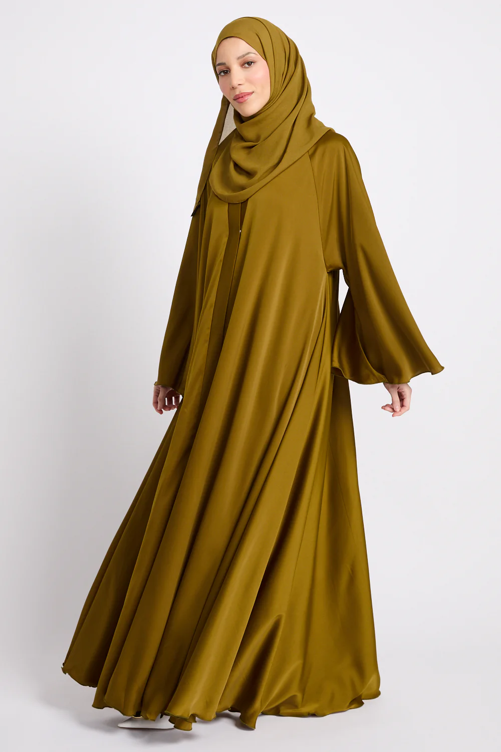 Umbrella Cut Open Abaya with Flared Sleeves - Warm Olive Gold - Image 8