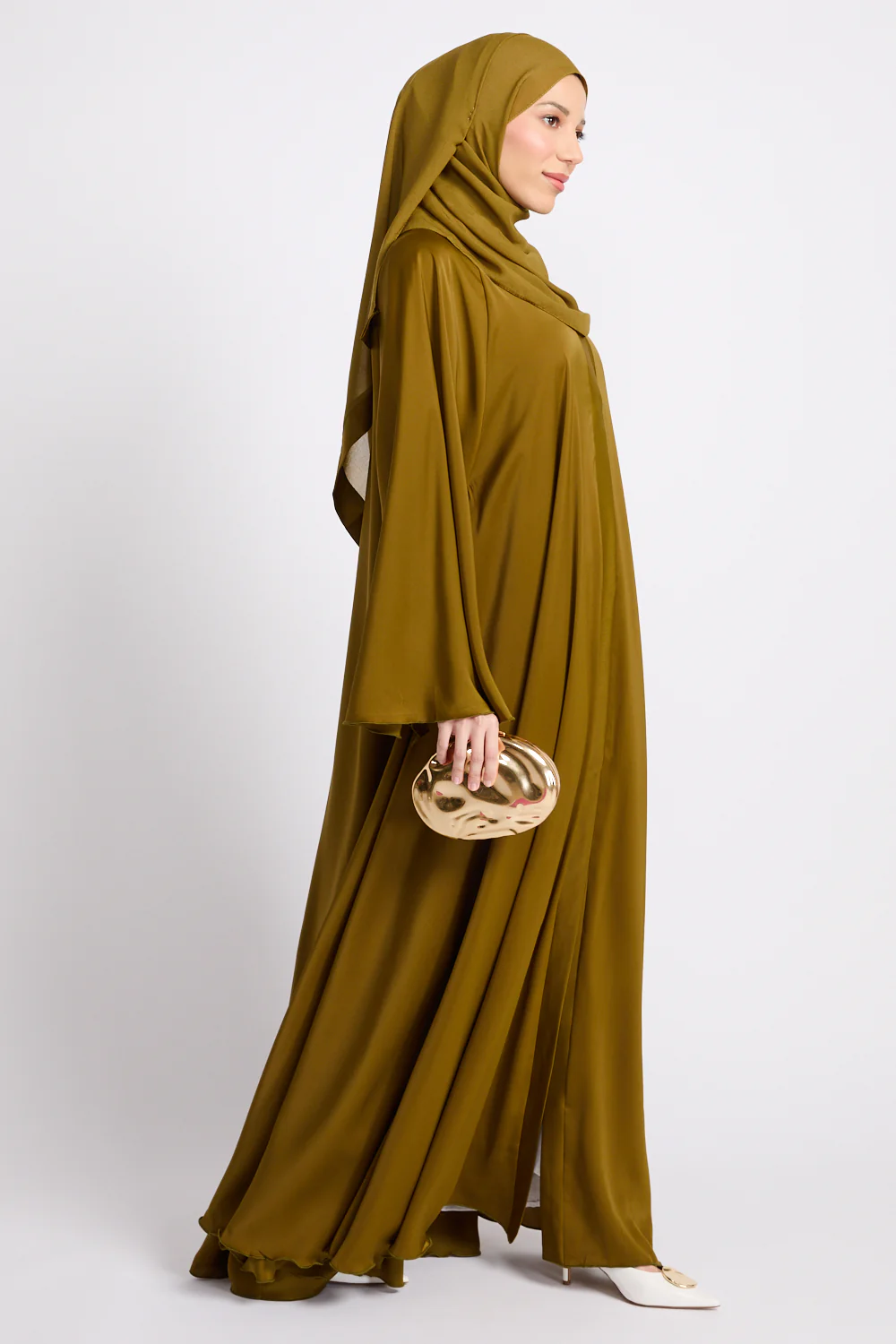 Umbrella Cut Open Abaya with Flared Sleeves - Warm Olive Gold - Image 9