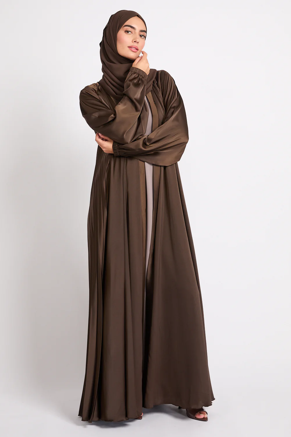 Premium Umbrella Cut Open Abaya with Pleated Back Detailing - Duskwood - Image 6
