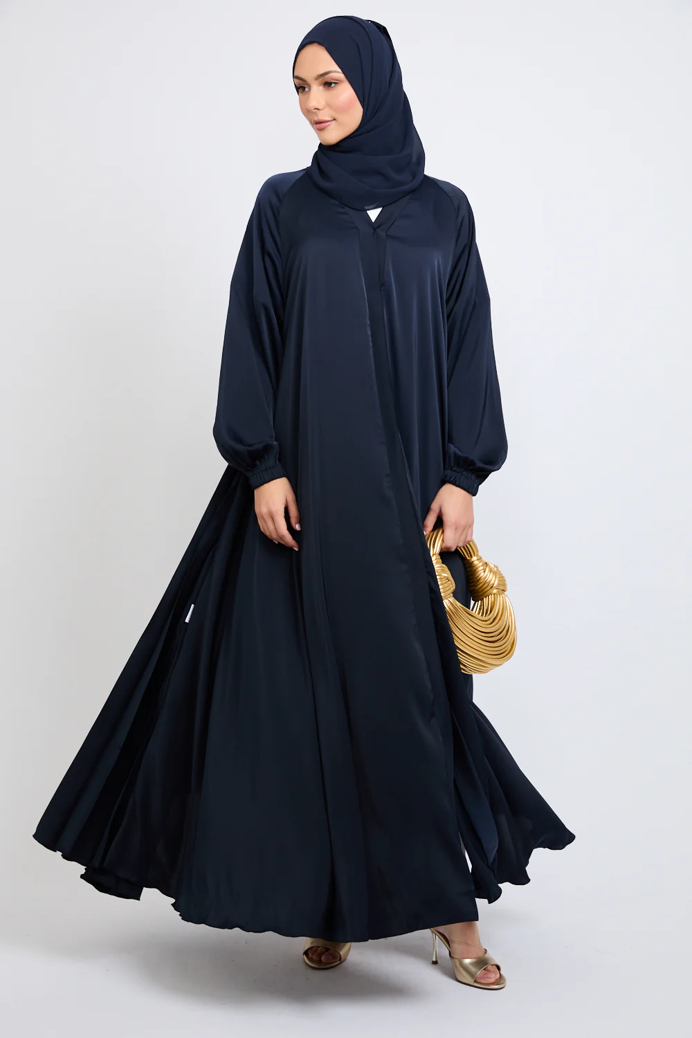 Umbrella Cut Open Abaya with Pleated Back Detailing - Navy - Image 3