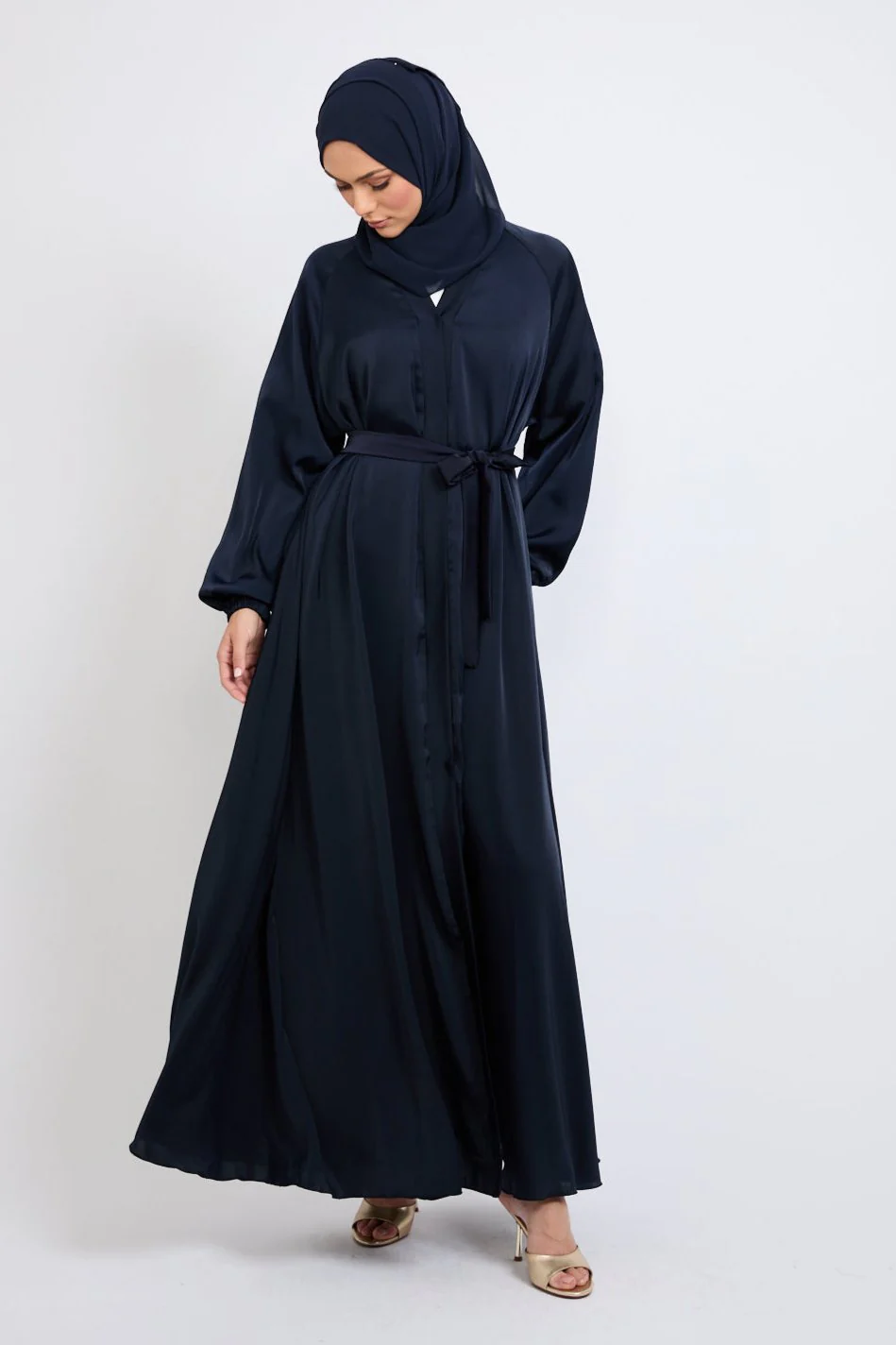 Umbrella Cut Open Abaya with Pleated Back Detailing - Navy - Image 4