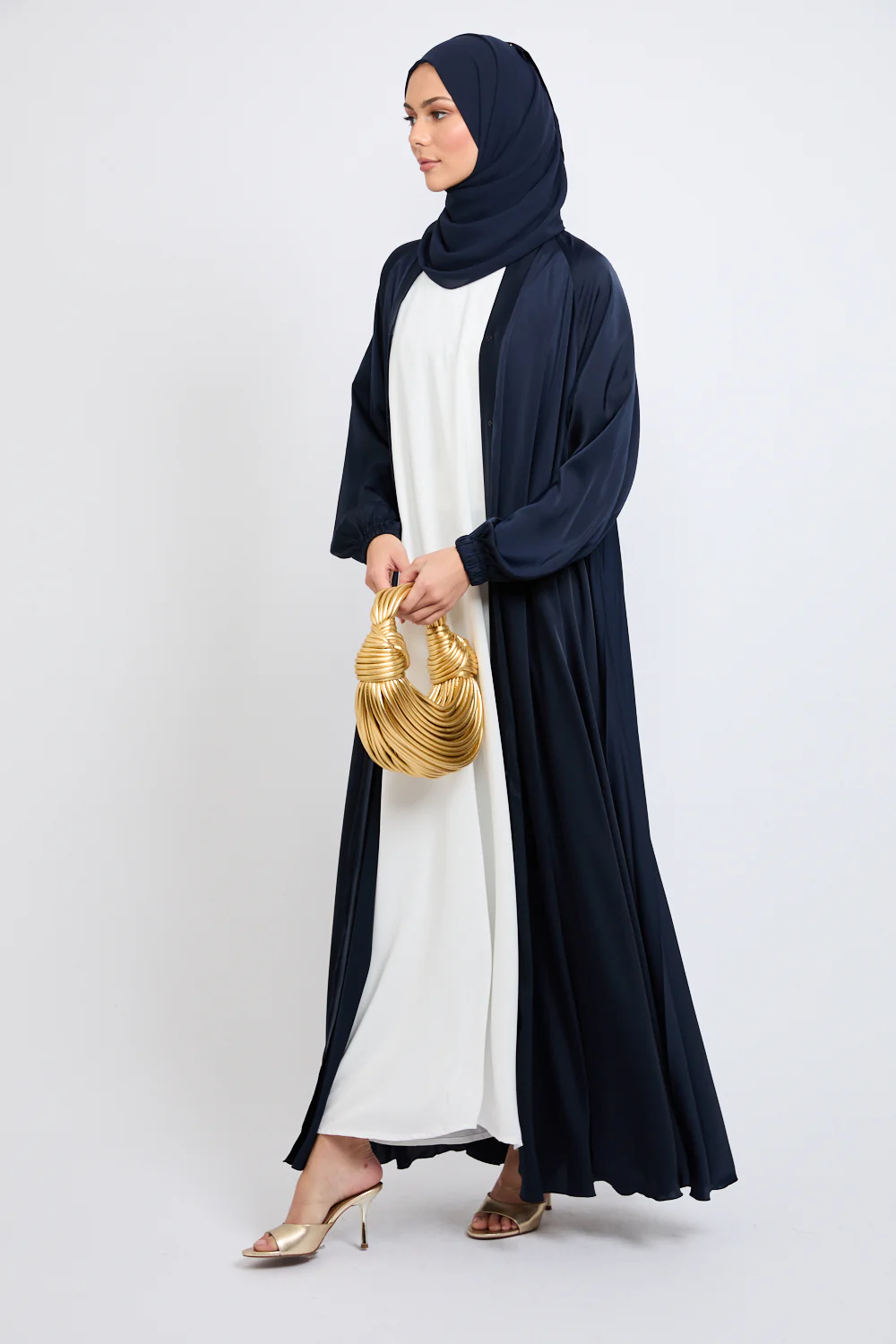 Umbrella Cut Open Abaya with Pleated Back Detailing - Navy - Image 6