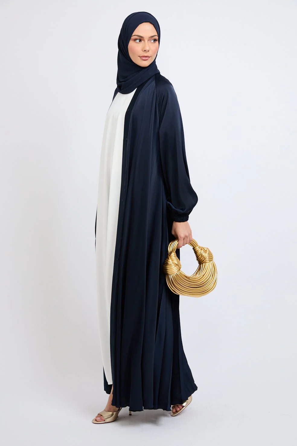 Umbrella Cut Open Abaya with Pleated Back Detailing - Navy - Image 7