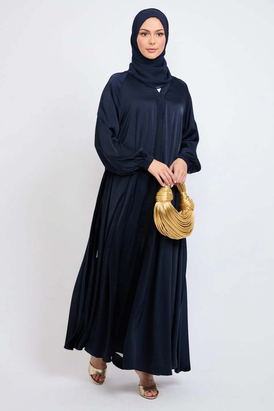Umbrella Cut Open Abaya with Pleated Back Detailing - Navy - Image 8