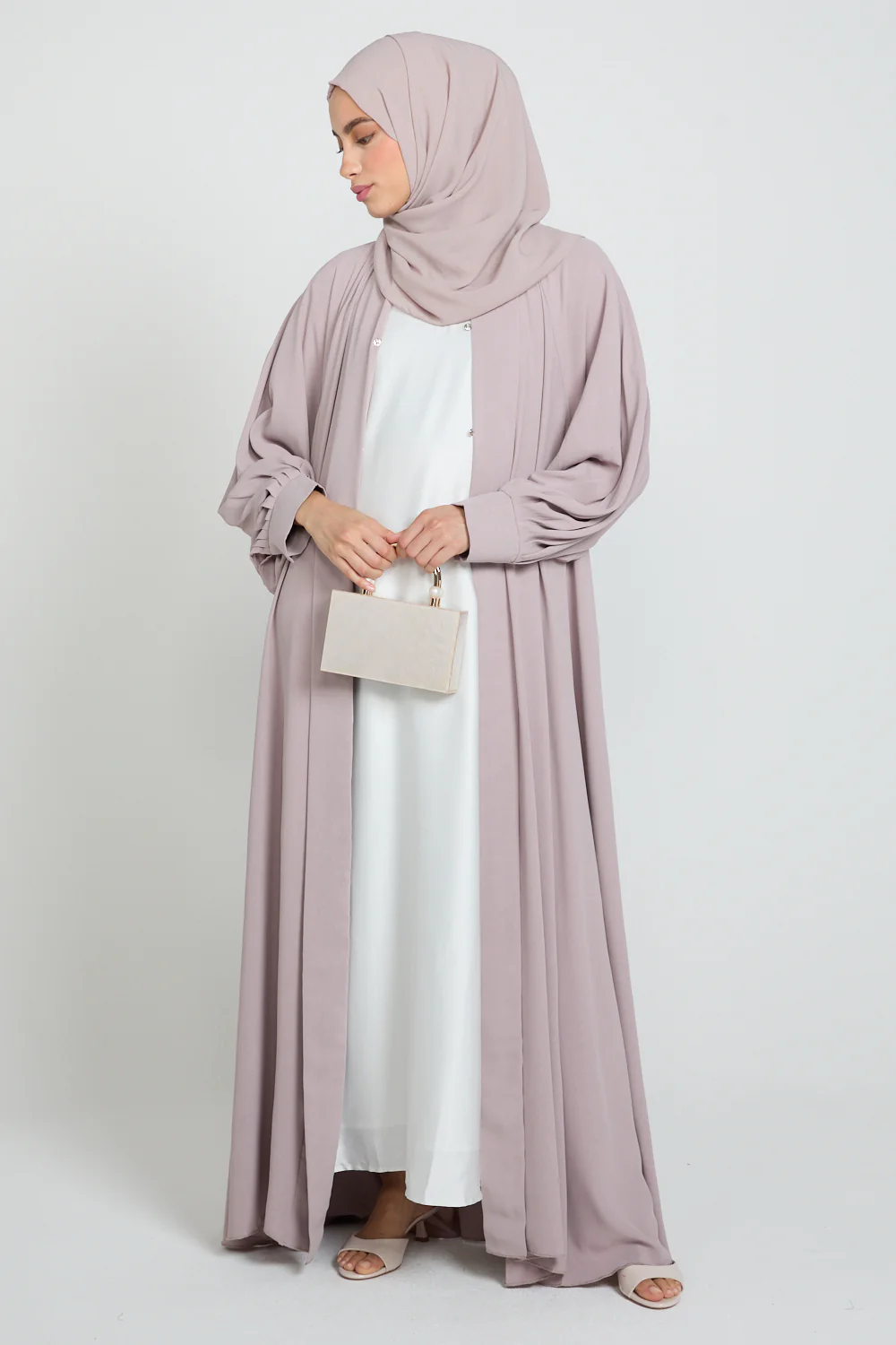 Umbrella Cut Open Abaya with Pleated Sleeve Detailing - Powdered Rose