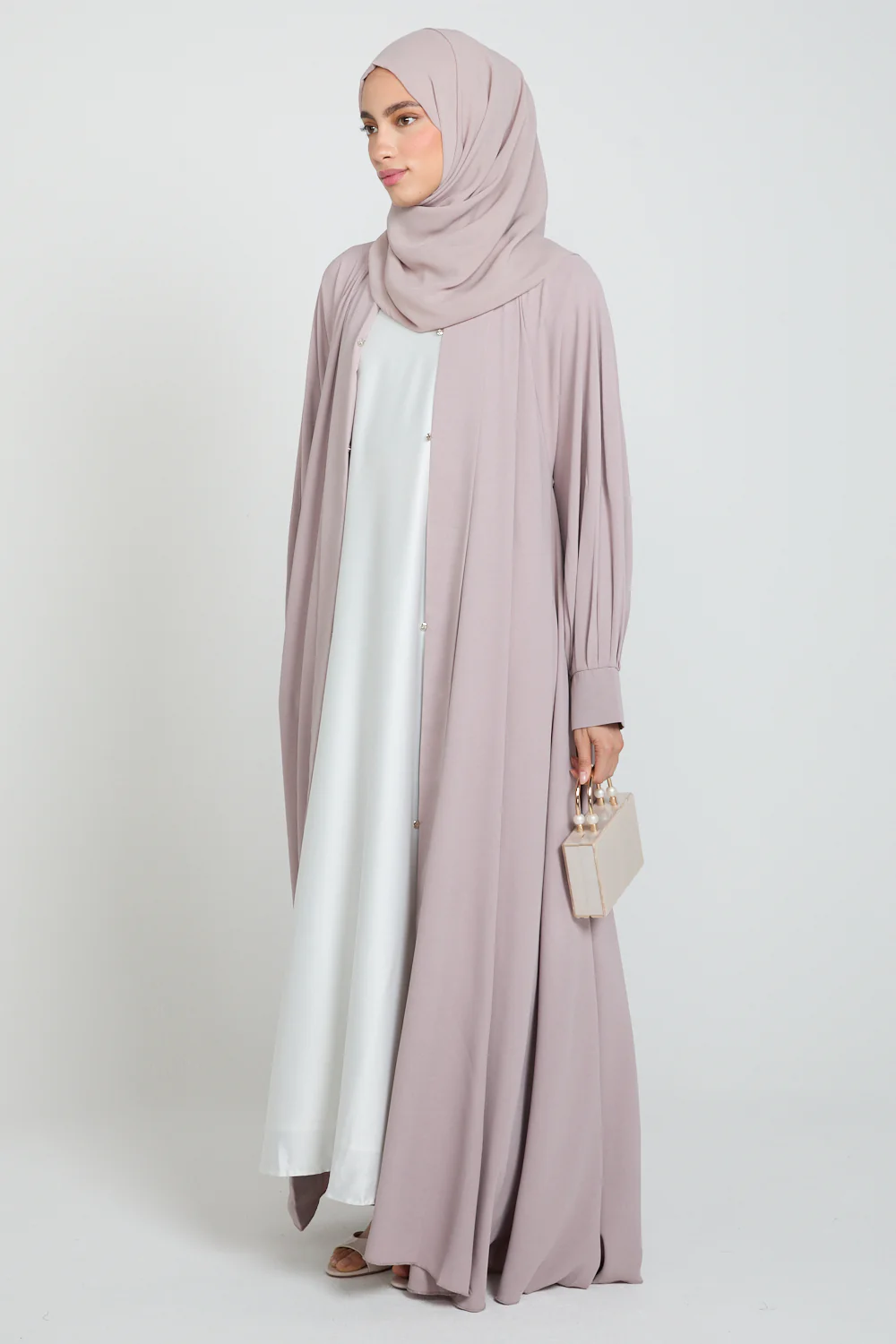 Umbrella Cut Open Abaya with Pleated Sleeve Detailing - Powdered Rose - Image 3