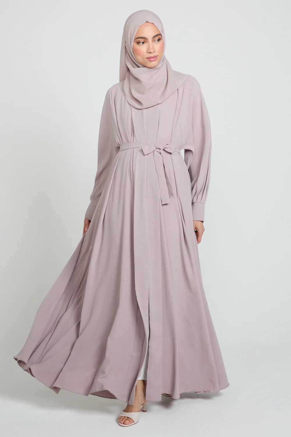 Umbrella Cut Open Abaya with Pleated Sleeve Detailing - Powdered Rose - Image 4