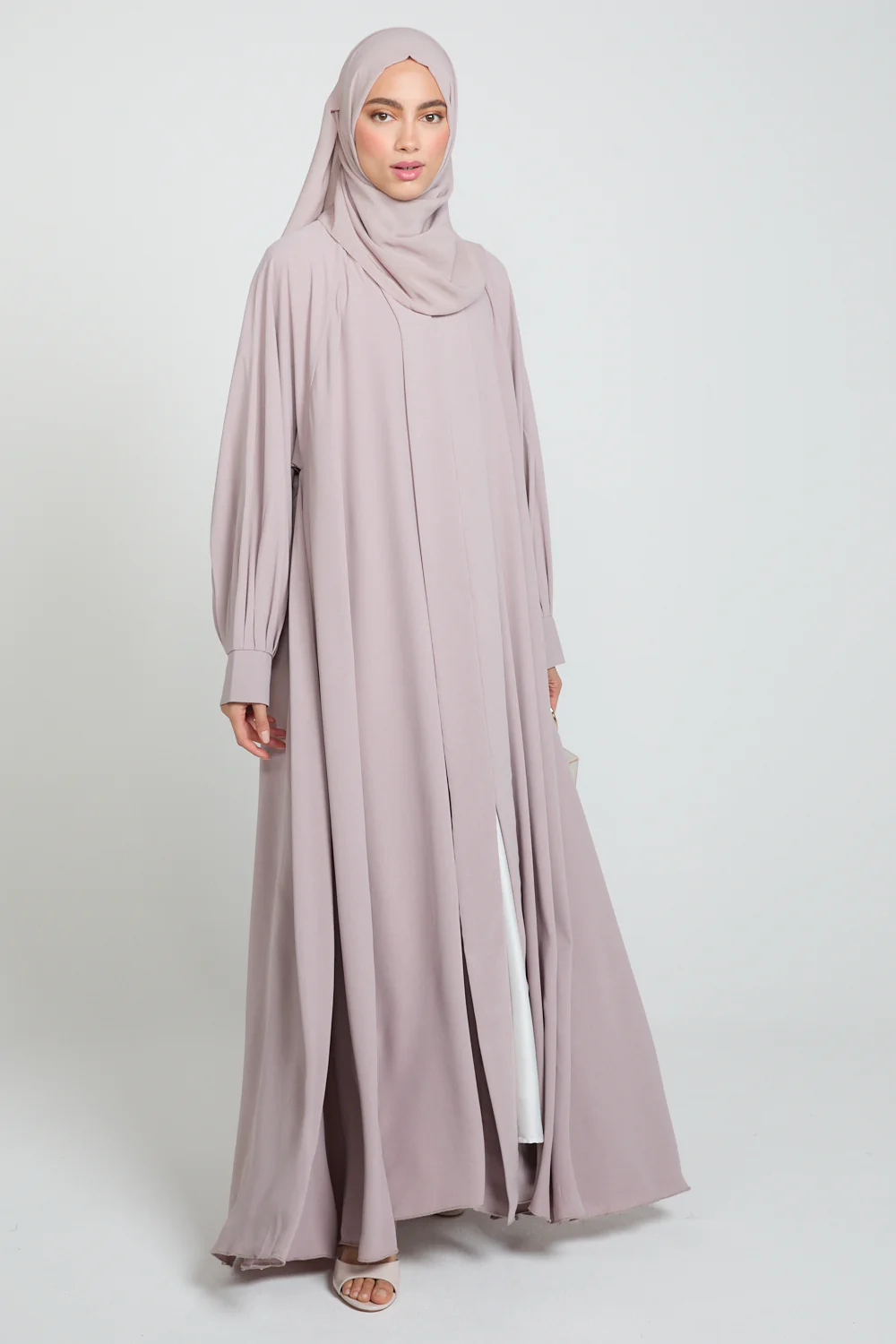 Umbrella Cut Open Abaya with Pleated Sleeve Detailing - Powdered Rose - Image 6