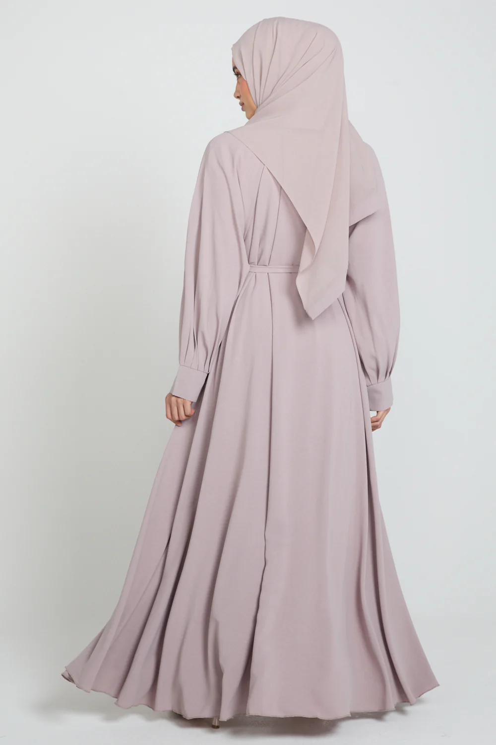 Umbrella Cut Open Abaya with Pleated Sleeve Detailing - Powdered Rose - Image 7