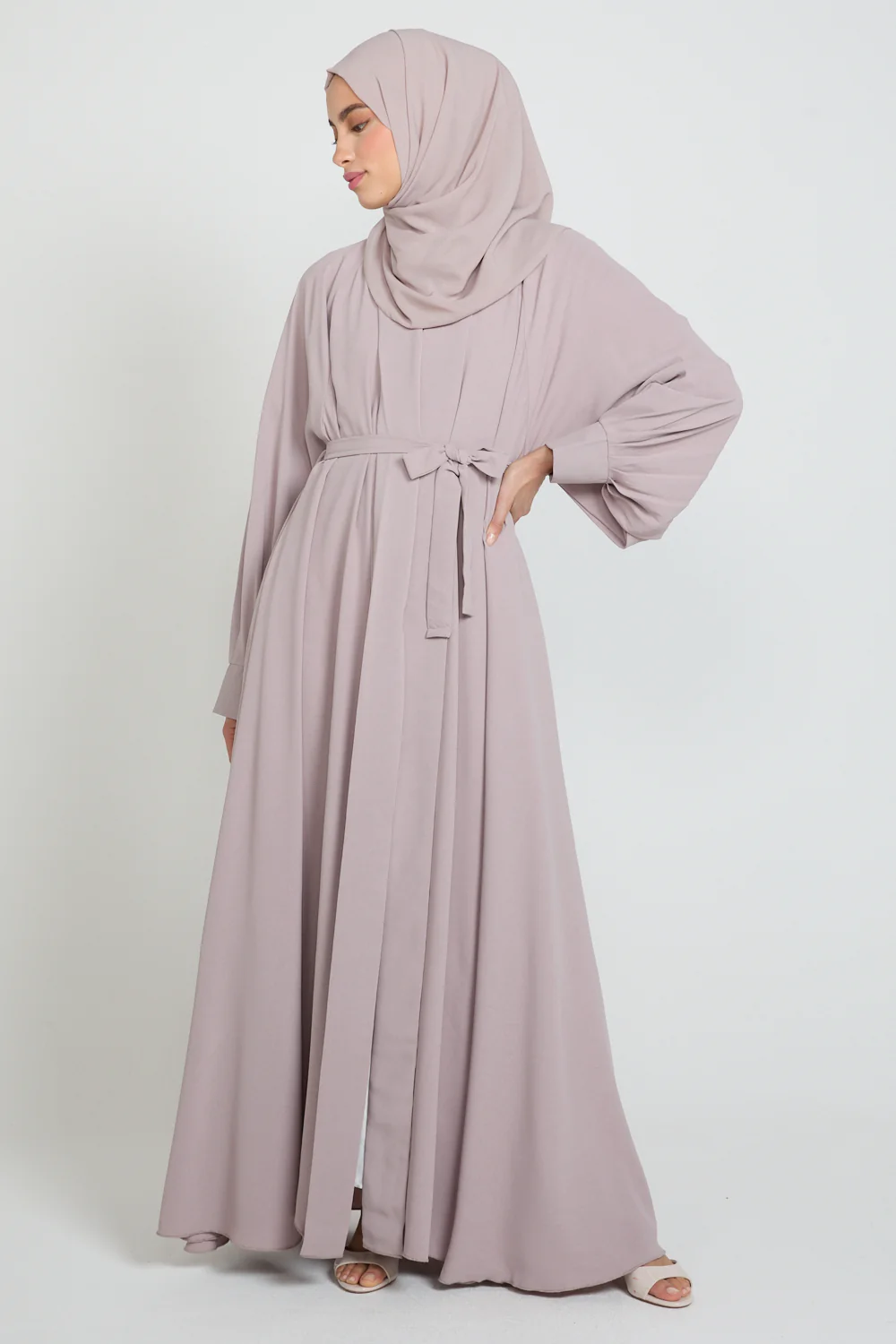 Umbrella Cut Open Abaya with Pleated Sleeve Detailing - Powdered Rose - Image 8