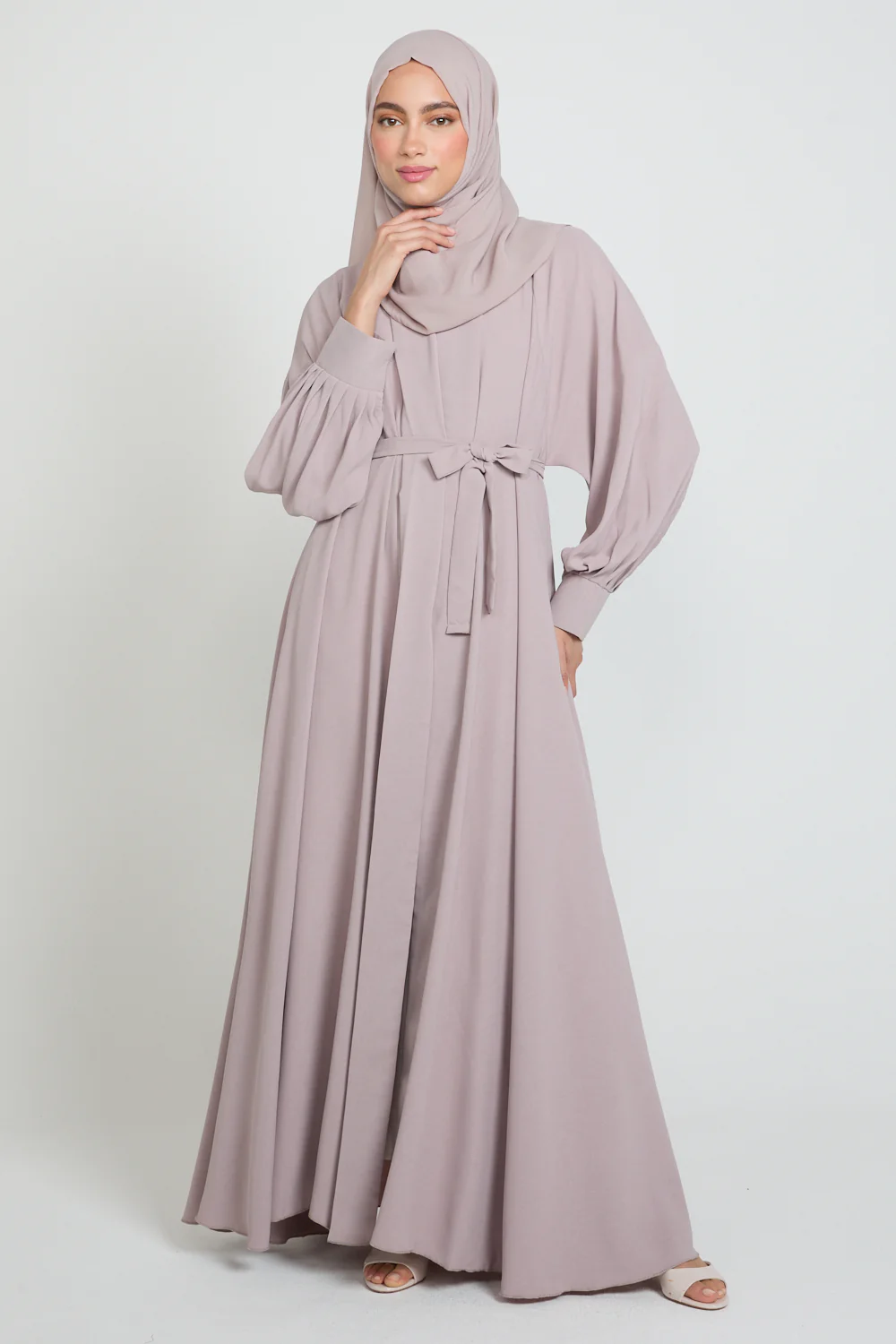 Umbrella Cut Open Abaya with Pleated Sleeve Detailing - Powdered Rose - Image 9