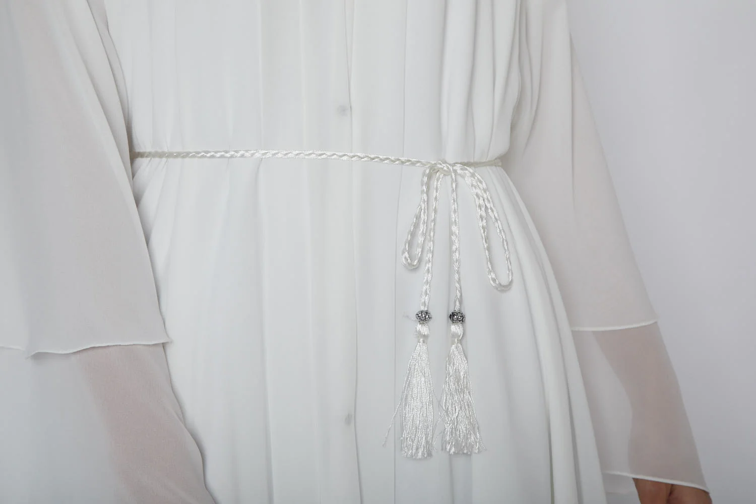 White Slim Plaited Rope Tassel Belt - Image 3